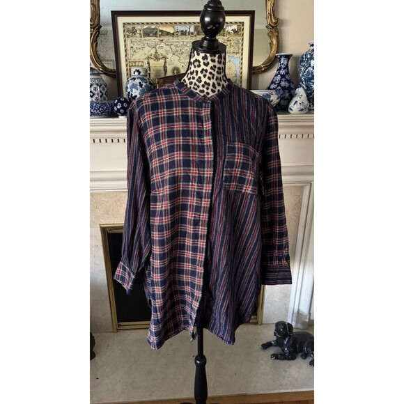 Lands' End Flannel Sz 1X A-Line Tunic Top Tartan Sides Pockets Plaid Cotton - Picture 1 of 7